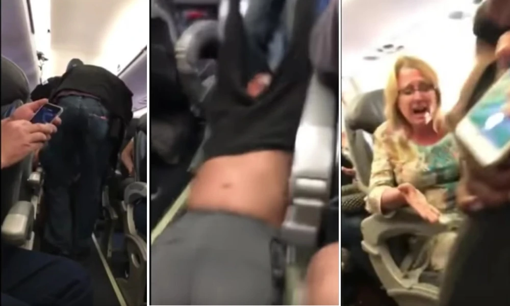 A combination of still images made from a video shows a passenger being forcibly removed from a United Airlines flight in Chicago by police officers. (Audra D. Bridges via AP)