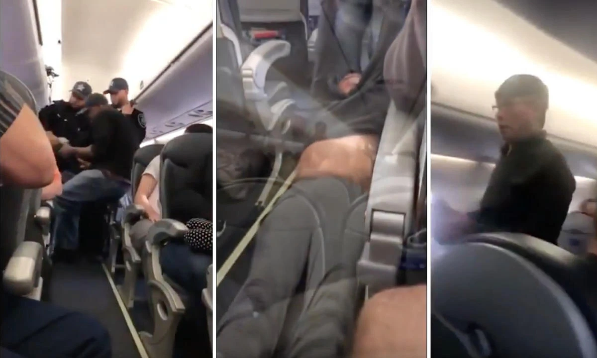 A combination of still images taken from a video posted on YouTube shows Chicago aviation department security officer forcibly dragging a United Airlines passenger from his seat. The third frame shows the man returning to his seat. (AP)
