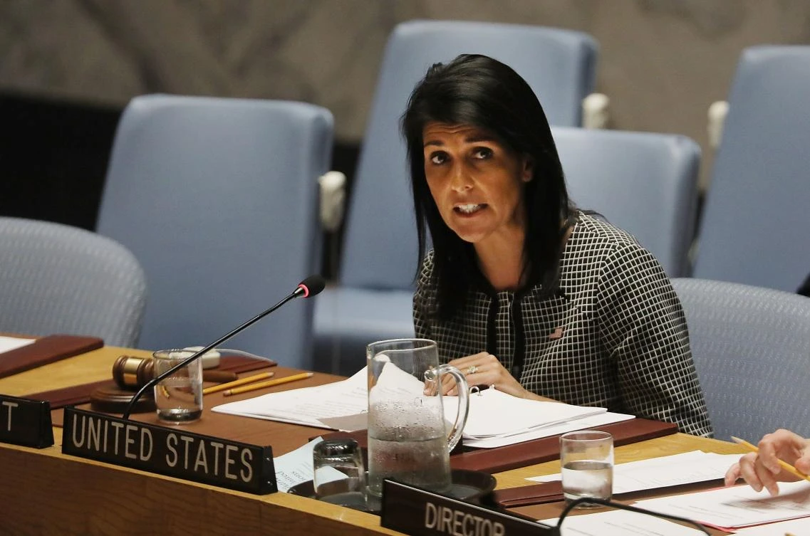 US Ambassador to the United Nations Nikki Haley speaks at a United Nations (UN) Security Council meeting on the situation in the Middle East where the ongoing conflict in Syria was discussed (AFP)