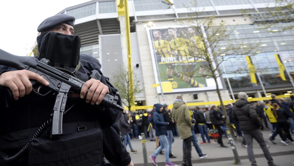 Police patrols outside the stadium prior to the UEFA Champions League 1st leg quarter-final football match FC Bayern Munich v Real Madrid. (AFP)