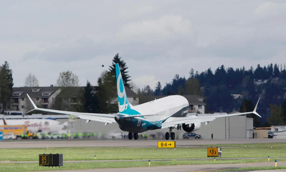 A Boeing 737 MAX 9 is lifts off during the first-flight event for the company’s new airplane at Renton Field in Renton, Washington on Thursday. (AFP)