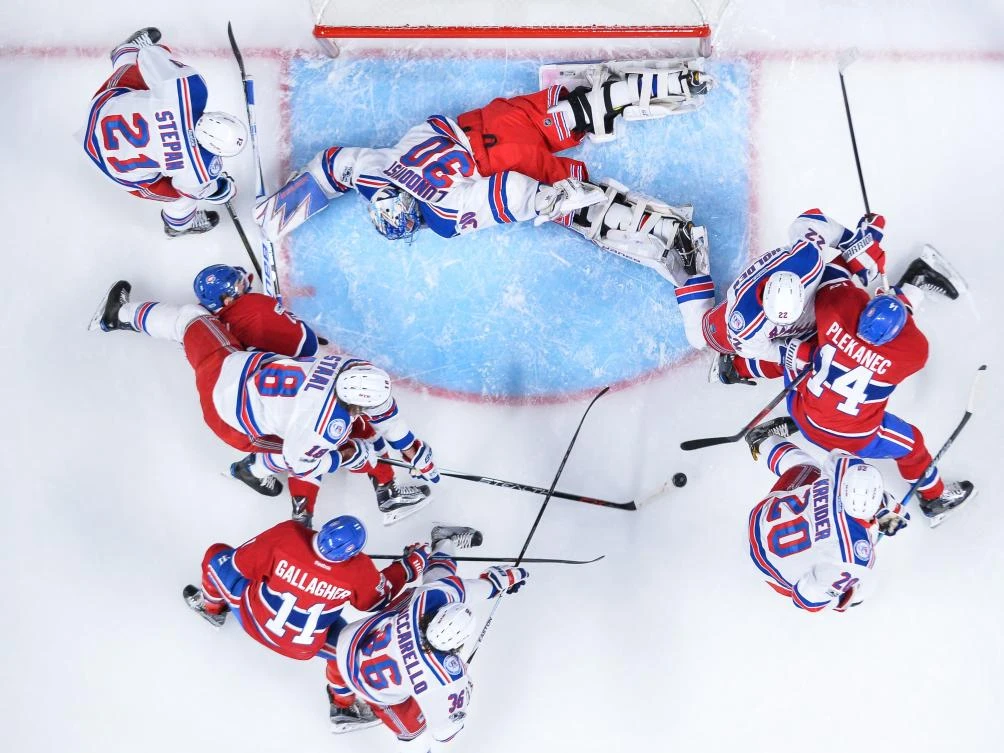 Goaltender Henrik Lundqvist (30) of the New York Rangers spreads himself out to defend his net against the Montreal Canadiens in Game Two of the Eastern Conference First Round during the NHL Stanley Cup Playoffs at the Bell Centre on in Montreal, Quebec, Canada, Friday night. (AFP)
