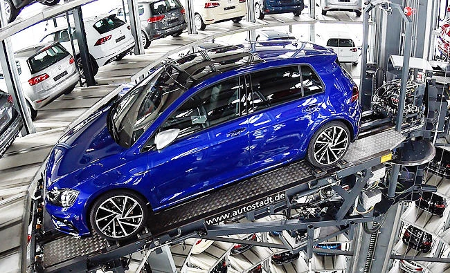 VW Golfs are loaded in a delivery tower at the plant of German carmaker Volkswagen in Wolfsburg, Germany, in this March 14, 2017 photo. (Reuters)