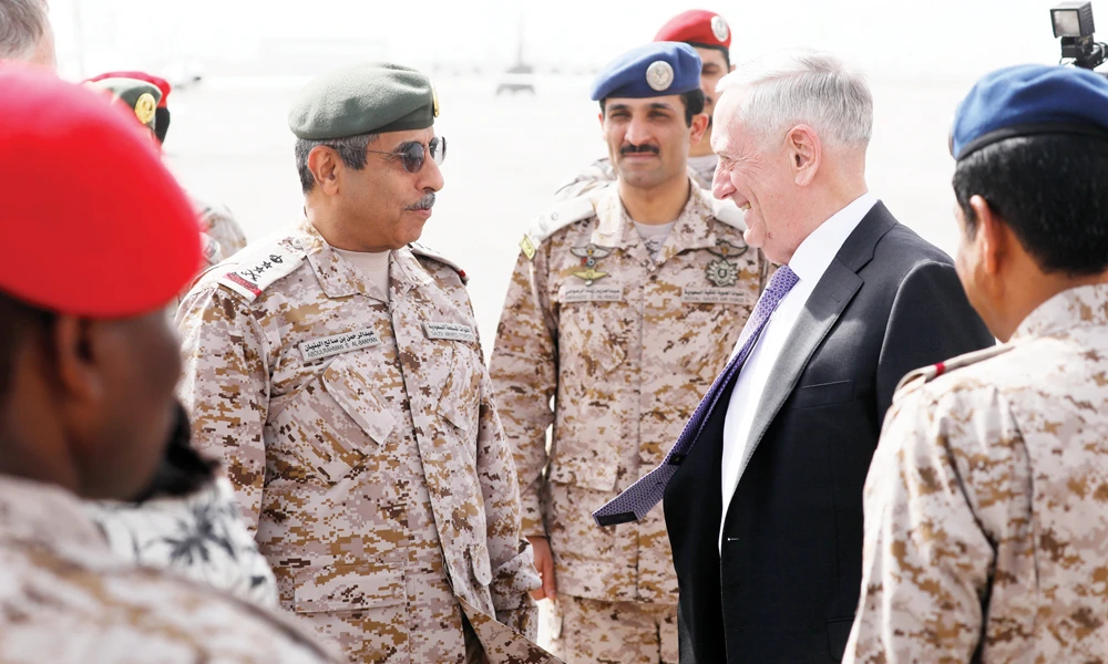 Saudi Armed Forces Chief of Joint Staff Gen. Abdul Rahman Al-Banyan receives US Defense Secretary James Mattis at King Salman Air Base in Riyadh, Tuesday. (AP)