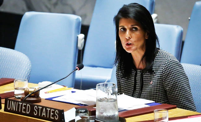 United Nations U.S. Ambassador Nikki Haley address the Security Council after a vote on a resolution condemning Syria's use of chemical weapons failed, in this April 12, 2017 photo, at U.N. headquarters. (AP)
