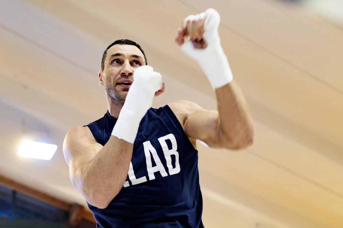 Ukrainian boxer Wladimir Klitschko during a media training session on April 6 at the Biohotel Stanglwirt, Going, Austria as he prepares for the WBA 'Super', IBF, and IBO world heavyweight title bout against Britain's Anthony Joshua taking place at Wembley Stadium on April 29. (AFP)