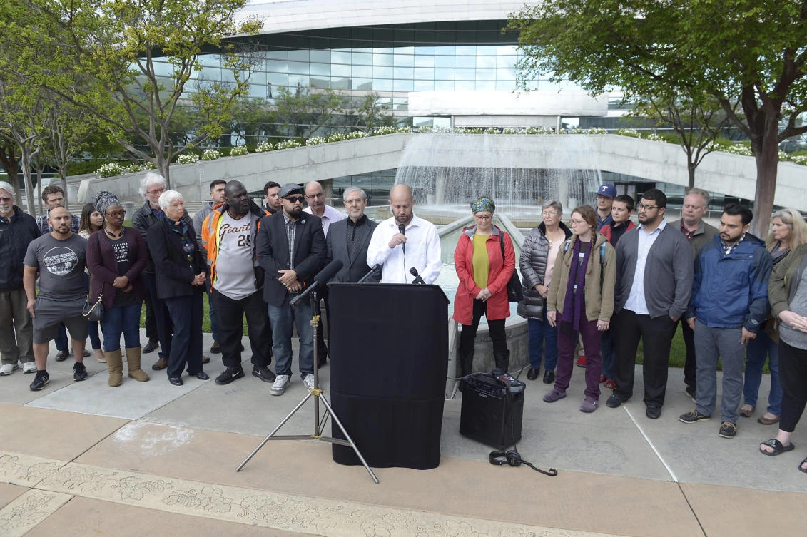 Andy Levine, Executive Director of Faith in Fresno, part of Faith in the Valley, speaks out against violence at a gathering of faith leaders in response to a shooting that killed 3 people in downtown Fresno, California, on Tuesday. (Silvia Flores/The Fresno Bee via AP)