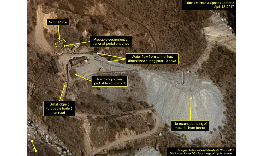 North Korea's Punggye-ri Nuclear Test Site is seen in commercial satellite imagery taken April 12, 2017. Image includes material Pleiades (c) CNES 2017. (Courtesy Airbus Defense & Space and 38 North/Handout via Reuters)