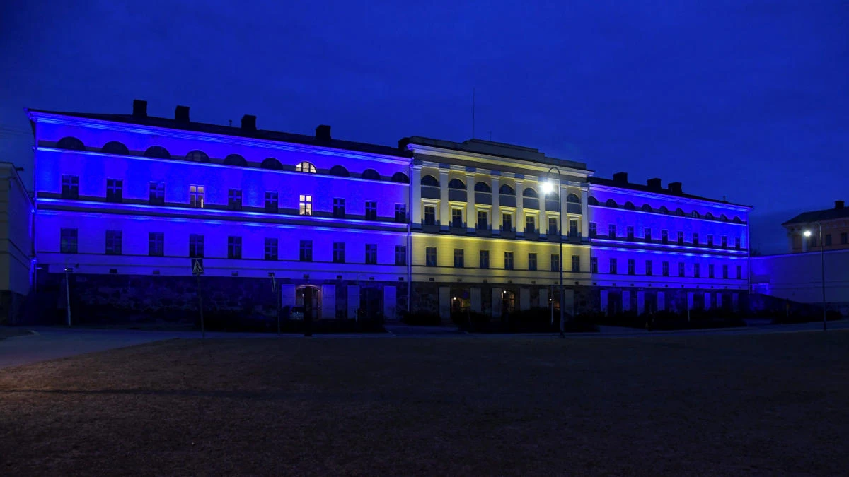 The building of the Finnish Ministry of Foreign Affairs, illuminated in the colors of the flag of Sweden, in remembrance of the victims of the Swedish truck attack, is pictured in Helsinki, Finland, on April 8, 2017. Finland is planning to give authorities new powers to monitor citizens online in a fast-track legislative move aimed at countering threats like terrorism and spying. (Lehtikuva/Markku Ulander via Reuters)