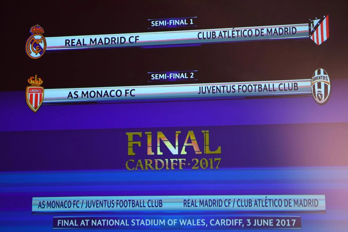 The UEFA football Champion's league draw semifinals is displayed on a screen in Nyon on Friday. (AFP)