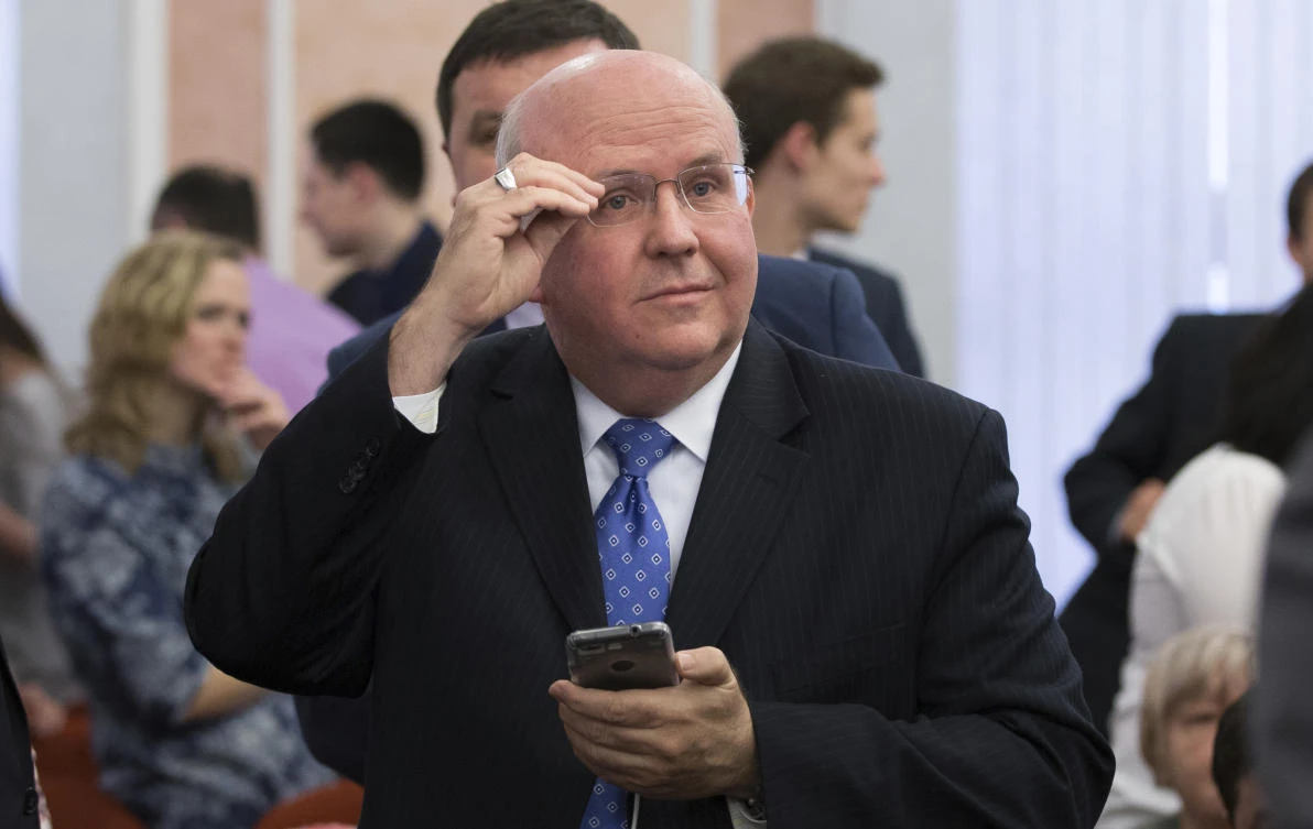 Mark Sanderson, member of the governing body of Jehovah's Witnesses, attends a court session in Moscow, Russia, on Thursday, April 20, 2017. (AP)