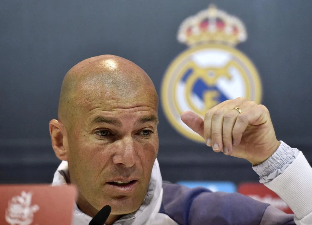 Real Madrid's French coach Zinedine Zidane gestures during a press conference at Valdebebas training ground in Madrid on Saturday, on the eve of the Spanish League Clasico football match Real Madrid CF vs. FC Barcelona. (AFP)