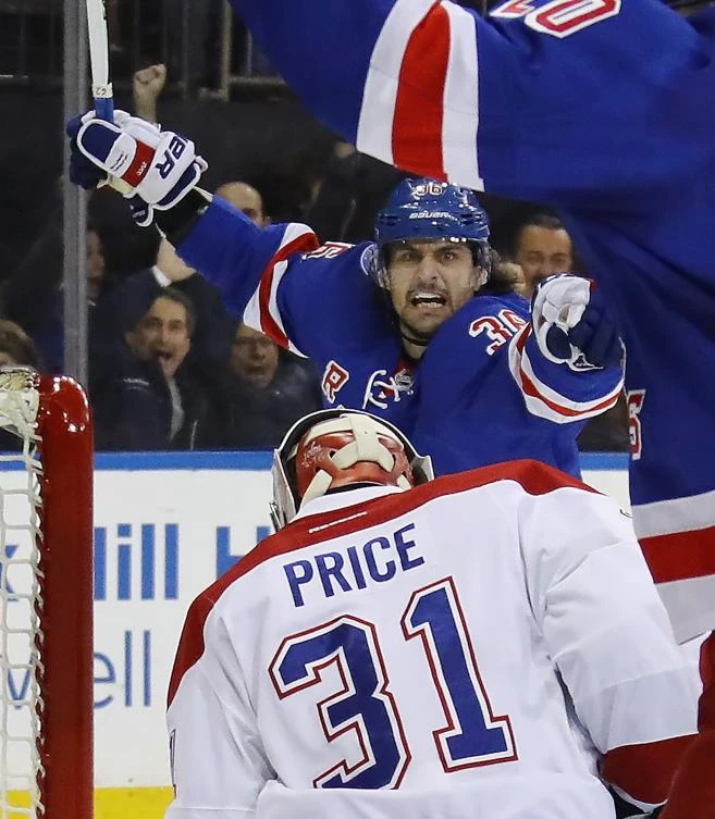 Mats Zuccarello, of the New York Rangers, after scoring a goal against Carey Price, of the Montreal Canadiens, during the second period in Game 6 of the Eastern Conference First Round during the 2017 NHL Stanley Cup Playoffs at Madison Square Garden on Saturday in New York City. The Rangers defeated the Canadiens 3-1. (AFP)