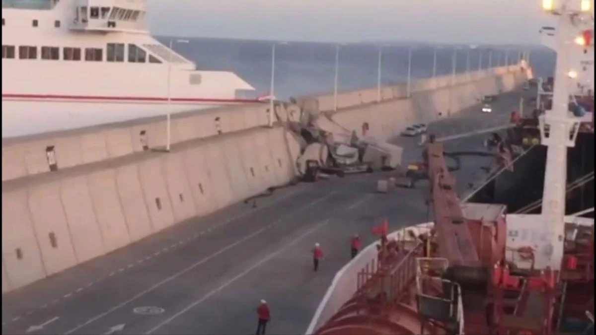 A Naviera Armas ferry after hitting the breakwater at Puerta de la Luz, Gran Canaria, Spain. (EMERGCAN via AP)