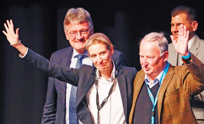 Alice Weidel, front left, and Alexander Gauland, front right, celebrate their nomination as AfD campaign leaders at the party congress in Cologne, western Germany, on Sunday. (AFP)