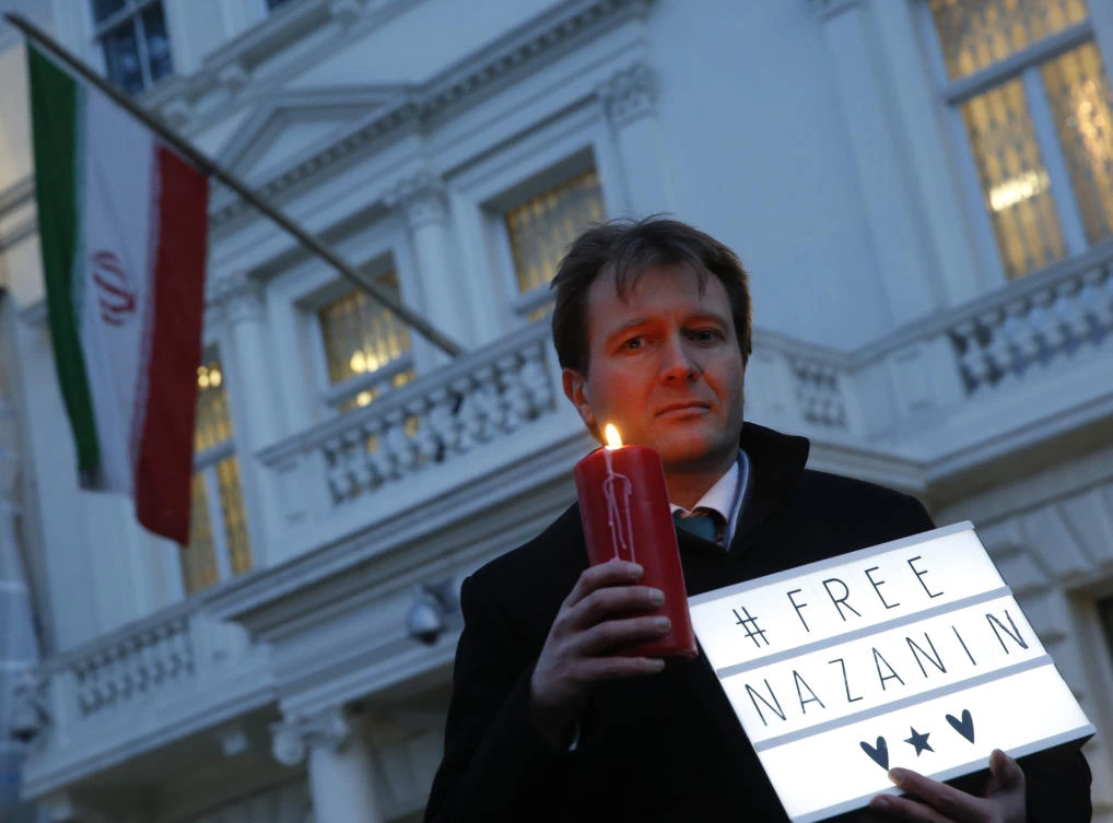 In this Jan. 16, 2017 file photo, Richard Ratcliffe, husband of imprisoned charity worker Nazanin Zaghari-Ratcliffe, poses for the media during an Amnesty International led vigil outside the Iranian Embassy in London. (AP)