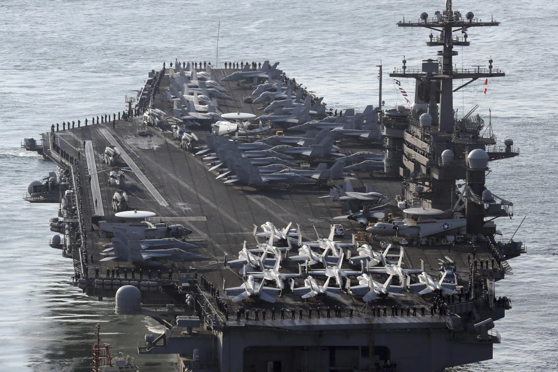 USNavy aircraft carrier, the USS Carl Vinson approaches to participate in the annual joint military exercise called Foal Eagle between South Korea and the US, at Busan port, South Korea, in March. (AP)