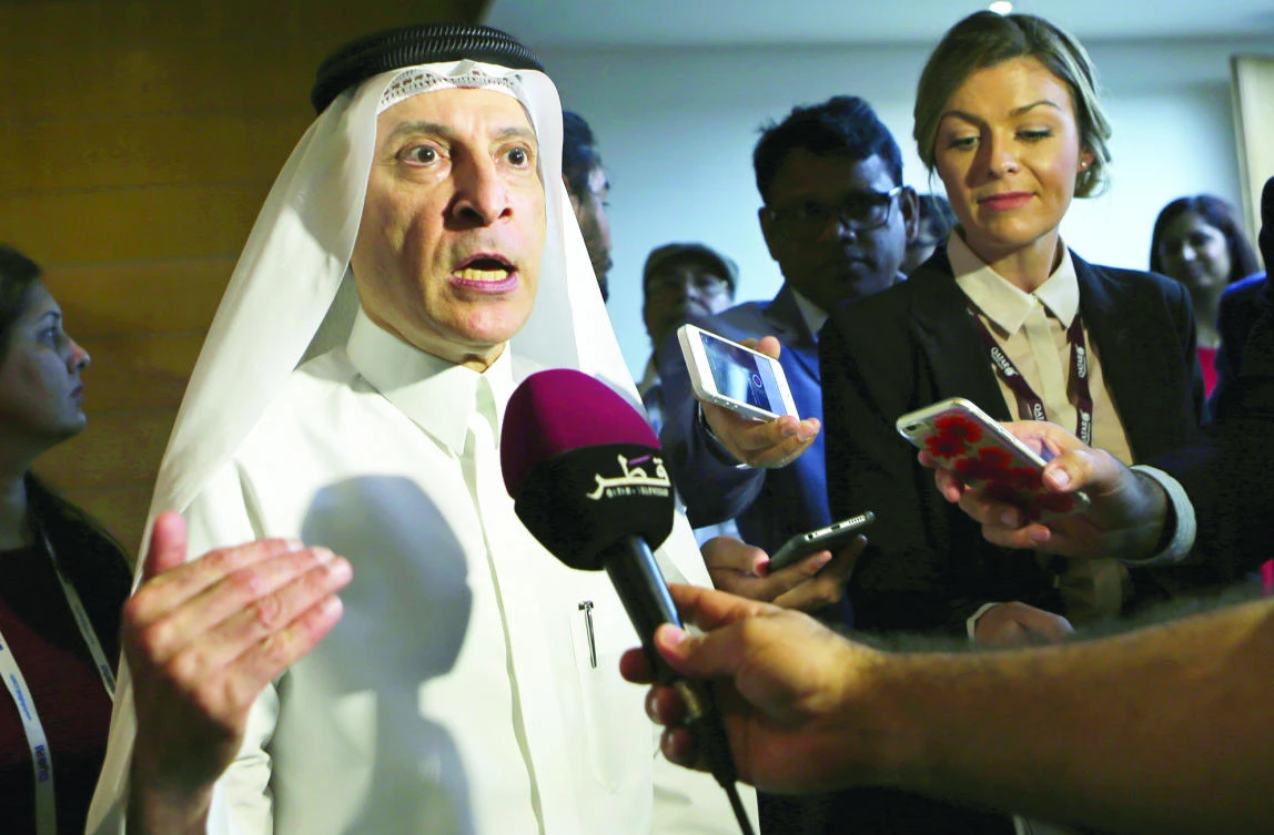Qatar Airways CEO Akbar Al-Baker speaks at a press conference during the Arabian Travel Market Exhibition in Dubai on Monday. (AP)