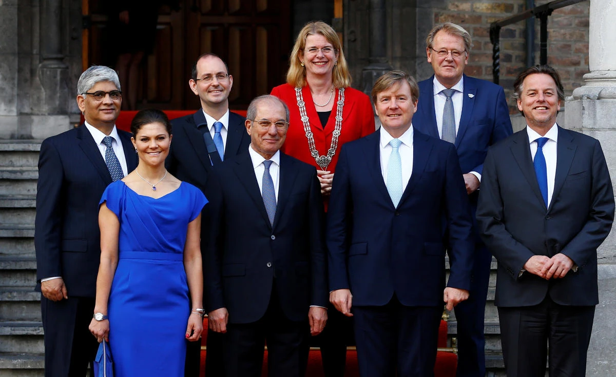 King Willem Alexander of the Netherlands with Crown Princess Victoria of Sweden, left, Director-General of the OPCW, Ahmet Uzumcu, second left, and Bert Koenders, Minister of Foreign Affairs , right, after arriving at the Hall of Knights, ahead of the 20th anniversary of the Chemical Weapons Convention, in the Hague, the Netherlands on Wednesday. (Reuters)
