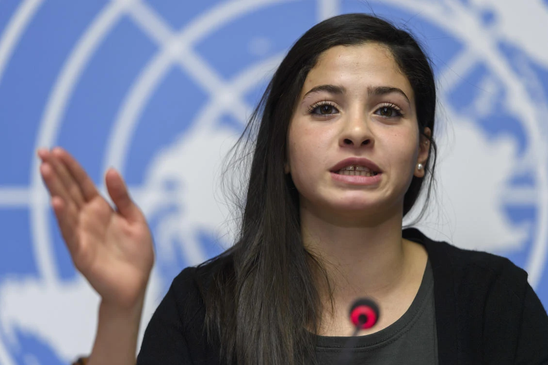 Syrian refugee and Olympic athlete Yusra Mardini, newly appointed UNHCR’s Goodwill Ambassador, speaks to the media about her appointment as UNHCR’s Goodwill Ambassador, during a press conference, at the European headquarters of the United Nations in Geneva, Switzerland. (AP)