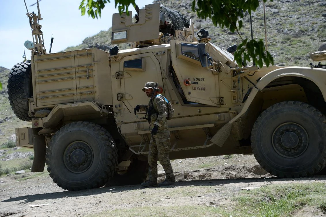 A US soldier patrols near the site of a US bombing during an operation against Islamic State (IS) militants in the Achin district of Afghanistan’s Nangarhar province. (AFP)
