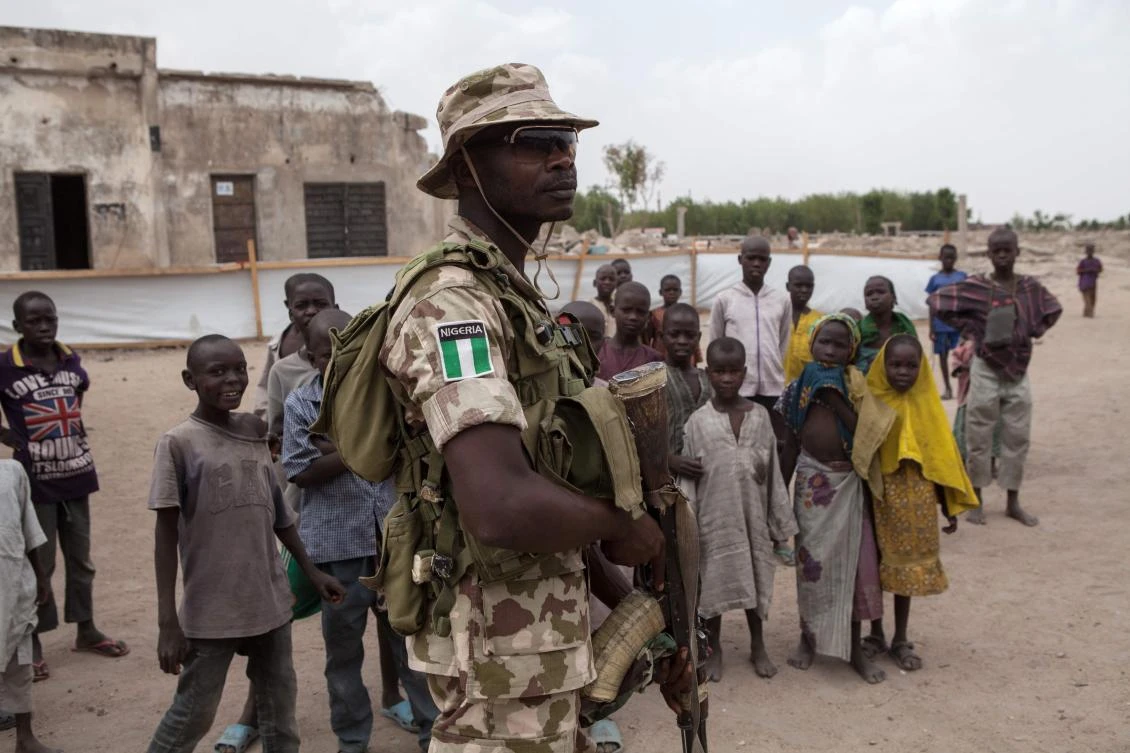 A Nigerian soldier patrols in the town of Banki in northeastern Nigeria, the scene of fierce clashes between the Nigerian army and Boko Haram insurgents, on Wednesday. (AFP)