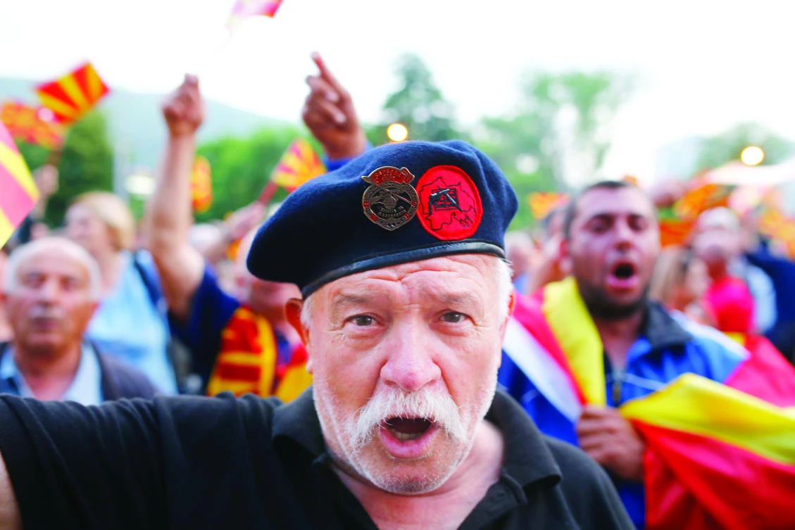 Protesters demonstrate in front of the EU Info Center building in Skopje, Macedonia. (Reuters)