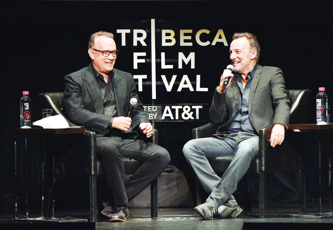Tom Hanks and Bruce Springsteen speak on stage during Tribeca Talks. Bruce Springsteen and Tom Hanks — 2017 Tribeca Film Festival in New York City.