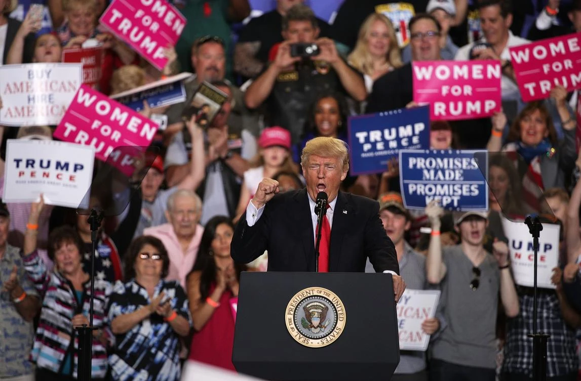 US President Donald Trump speaks to supporters during a "Make America Great Again Rally" at the Pennsylvania Farm Show Complex & Expo Center April 29, 2017 in Harrisburg, Pennsylvania. (Alex Wong/Getty Images/AFP)