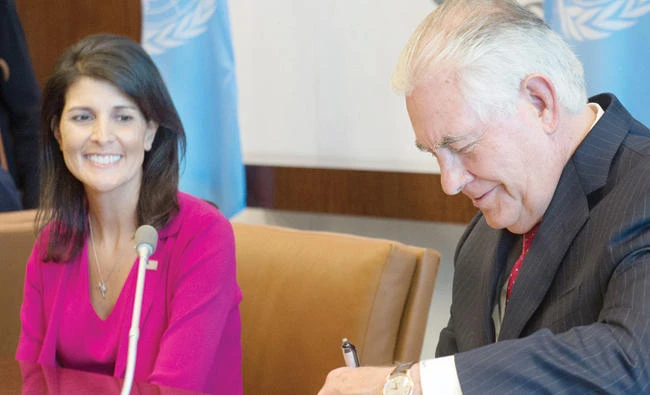 Nikki Haley, US ambassador to the UN, with US Secretary of State
Rex Tillerson in New York. (AFP)