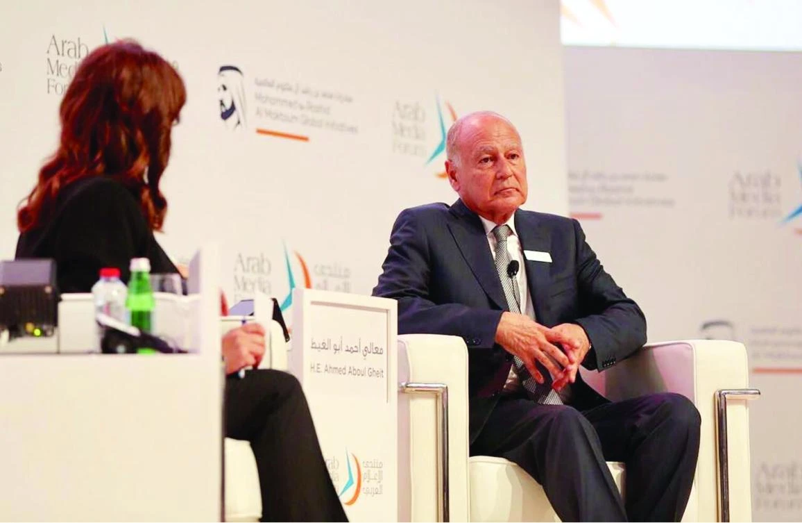 Ahmed Aboul Gheit, secretary-general of the Arab League, addresses the Arab Media Forum. (Photo courtesy: Dubai Press Club)