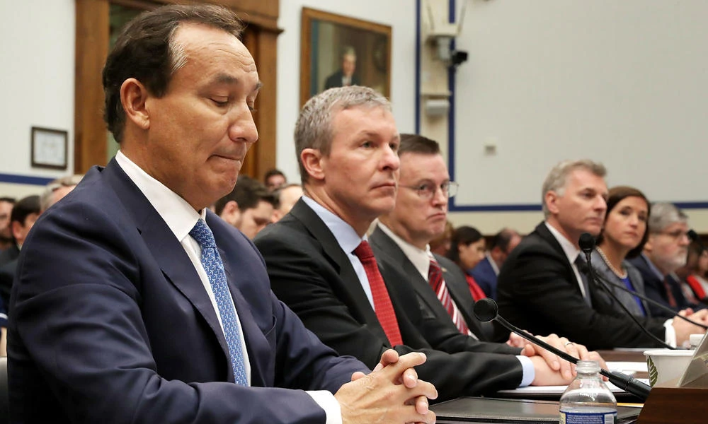 United Airlines CEO Oscar Munoz, left, joined by other US airline executives, testifies before the House Transportation and Infrastructure Committee about oversight of US airline customer service on Capitol Hill in Washington, DC, on Tuesday. (Chip Somodevilla/Getty Images/AFP)