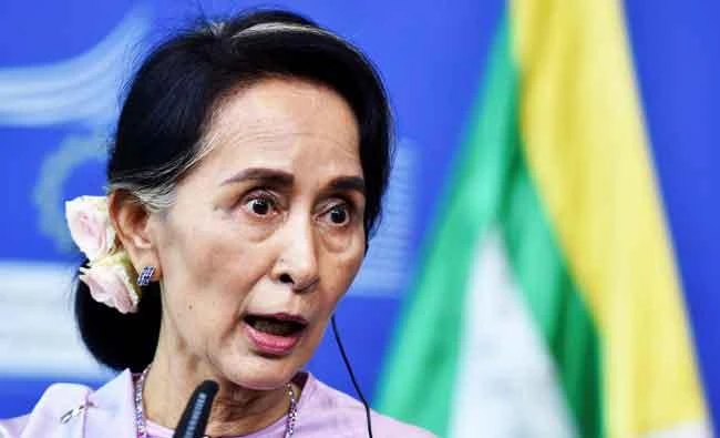 Myanmar State Counsellor Aung San Suu Kyi gives a news conference with European Union foreign policy chief Federica Mogherini (not pictured) in Brussels, Belgium on Tuesday. (Reuters)