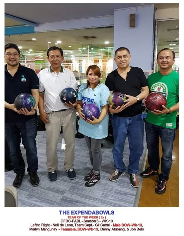 Five-time Team of the Week Expendabowls. From left, Noli de Leon, men's Bowler of the Week Gil Catral, ladies' Bowler of the Week Marlyn Mangunay, Danny Atubang and Jon Belo. (AN photo)
