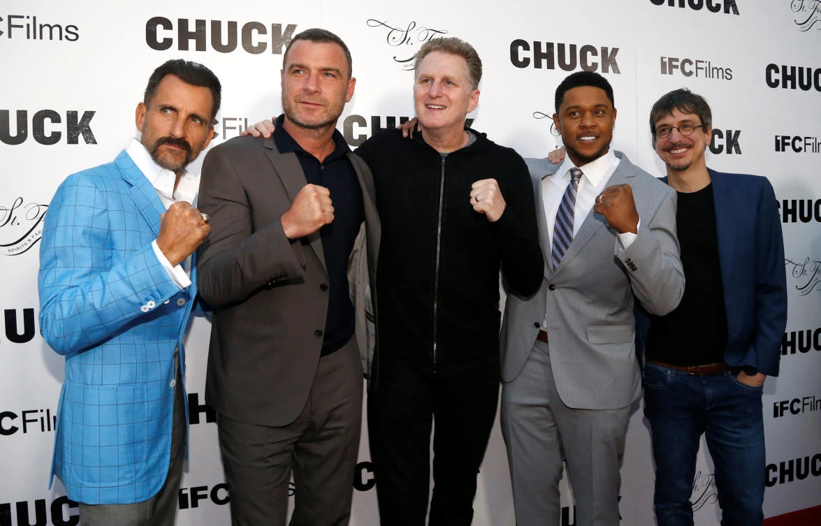 Director Philippe Falardeau (R) and cast members (L-R) Wass Stevens, Liev Schreiber, Michael Rapaport and Pooch Hall pose at the premiere of "Chuck" in Los Angeles, California U.S., May 2, 2017. (Reuters)