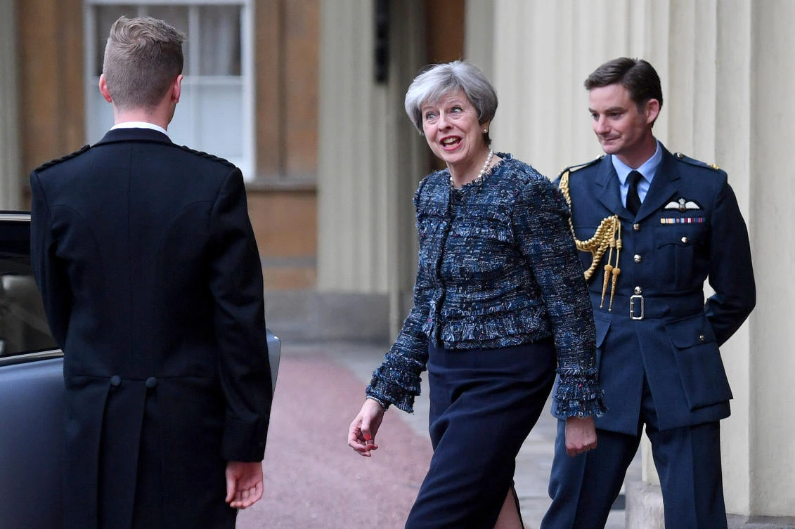 Britain's Prime Minister Theresa May leaves Buckingham Palace after meeting Queen Elizabeth after Parliament was dissolved ahead of June's general election, May 3, 2017. (Reuters)