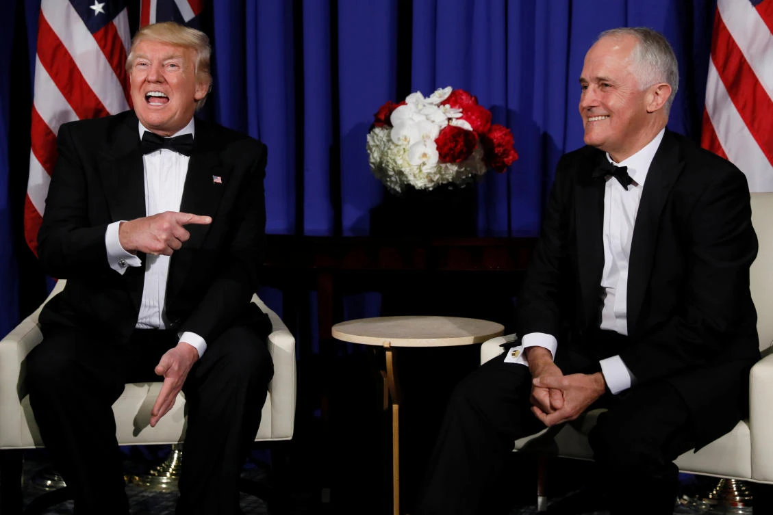 US President Donald Trump (L) and Australia's Prime Minister Malcolm Turnbull (R) deliver brief remarks to reporters as they meet ahead of an event commemorating the 75th anniversary of the Battle of the Coral Sea, aboard the USS Intrepid Sea, Air and Space Museum in New York on Thursday. (REUTERS/Jonathan Ernst)