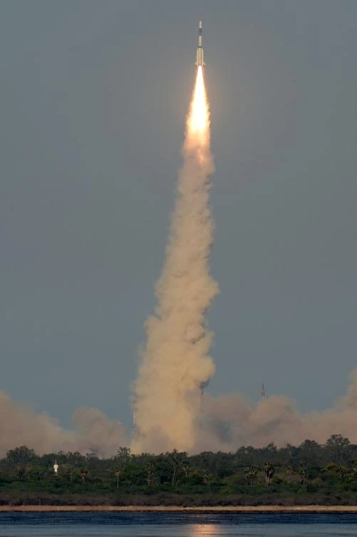 The Indian Space Research Organization’s (ISRO) GSAT-9 on board the Geosynchronous Satellite Launch Vehicle (GSLV-F09), launches from Sriharikota in the southern state of Andhra Pradesh on Friday. (AFP)