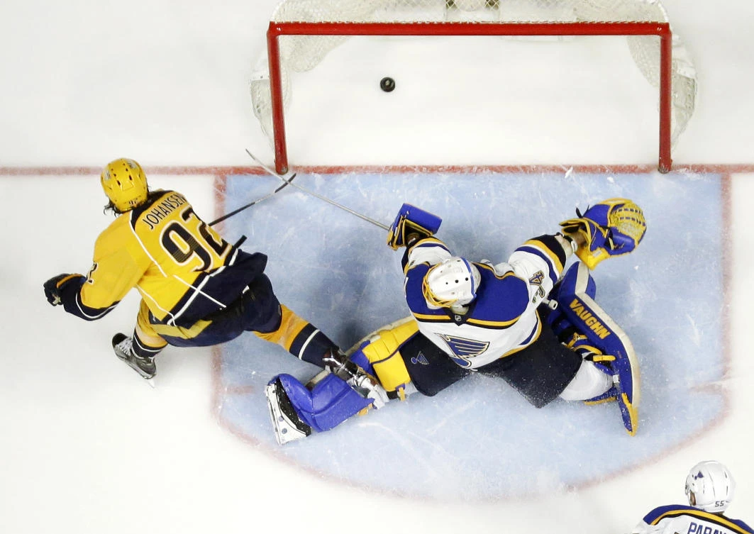 Nashville Predators center Ryan Johansen (92) scores the winning goal against St. Louis Blues goalie Jake Allen during the third period in Game 6 of a second-round NHL hockey playoff series Sunday in Nashville, Tenn. The Predators won 3-1 to win the series 4-2. (AP)