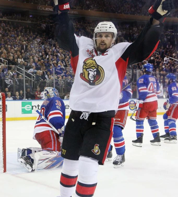 Erik Karlsson of the Ottawa Senators celebrates his goal at 15:53 of the second period against the New York Rangers in Game 6 of the Eastern Conference Second Round during the 2017 NHL Stanley Cup Playoffs at Madison Square Garden on Tuesday in New York City. The Senators defeated the Rangers 4-2. (AFP)