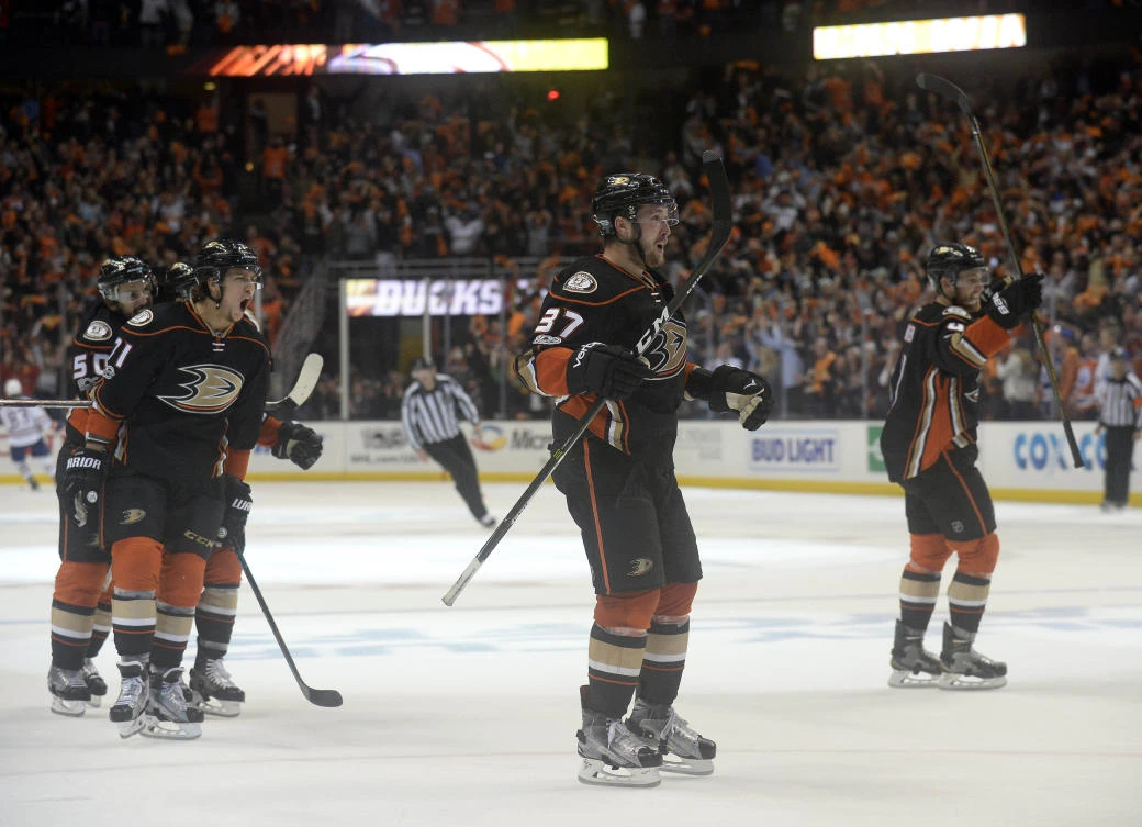 Anaheim Ducks left wing Nick Ritchie (37) and his teammates celebrate the 2-1 victory and series win against the Edmonton Oilers following Game 7 of the second round of the 2017 Stanley Cup Playoffs at Honda Center on Wednesday. (USA TODAY Sports)