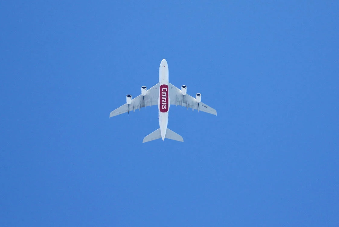 An Emirates Airlines Airbus A380-800, with Tail Number A6-EEV, lands at San Francisco International Airport, San Francisco, California. (REUTERS)