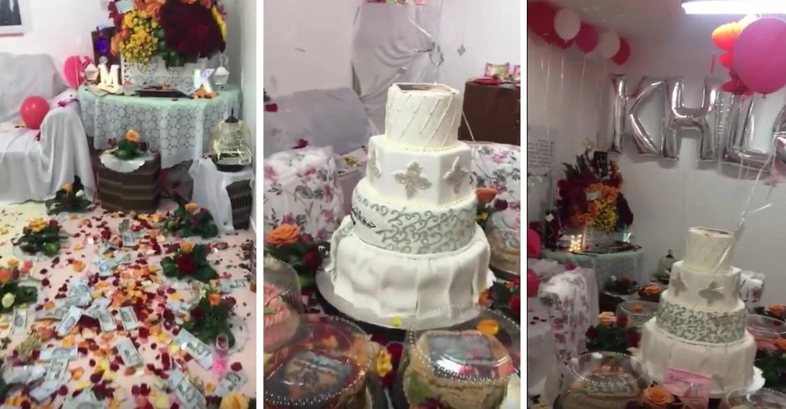 He placed a large cake in the room and scattered petals and banknotes on the floor. (Photo courtesy: YouTube)