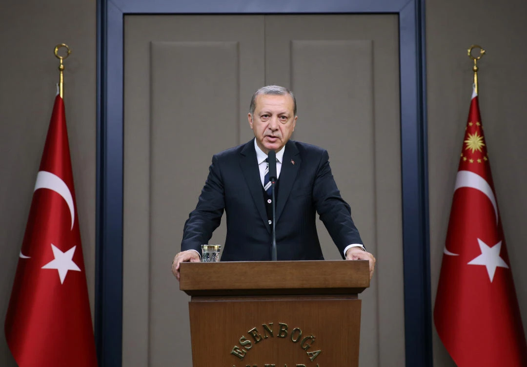 Turkish President Tayyip Erdogan speaks during a news conference at Esenboga International airport in Ankara, Turkey. (REUTERS)