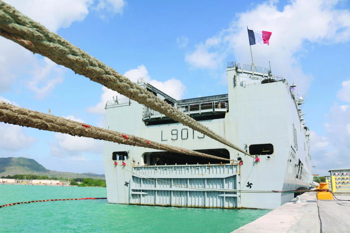 FS Mistral, a French amphibious assault ship, docks at Naval Base Guam on Thursday near Hagatna, Guam. (AP)