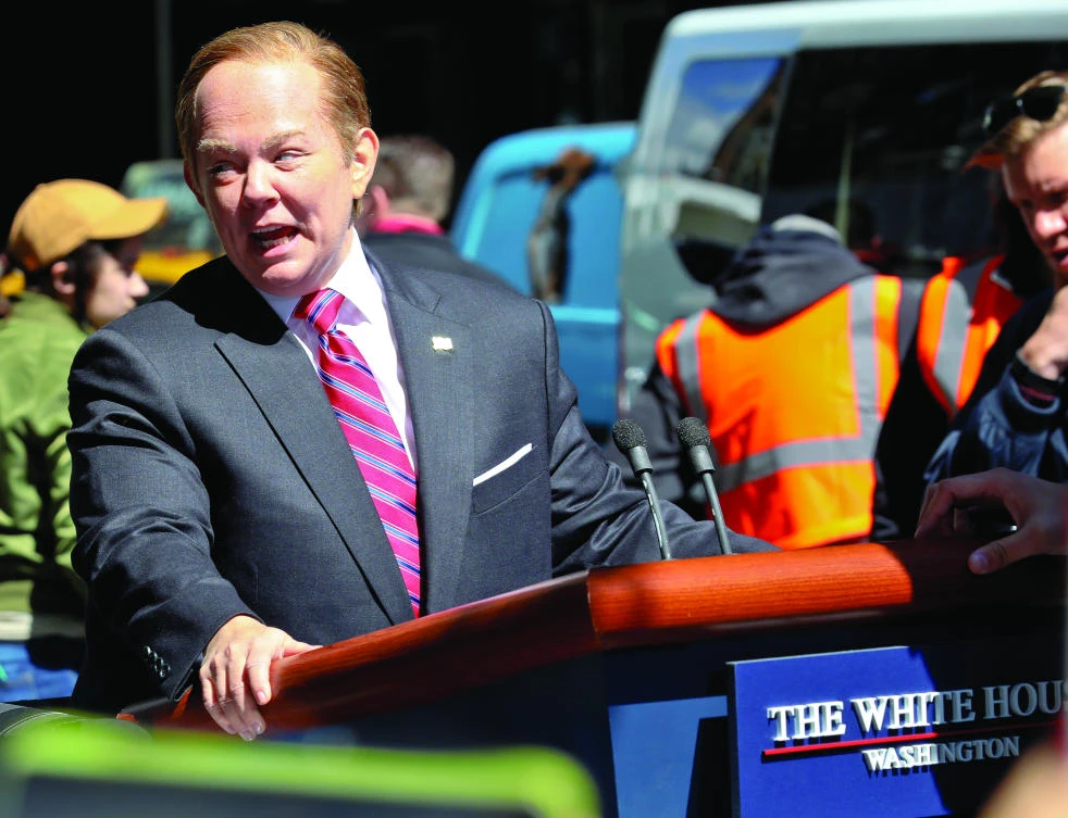 Actress Melissa McCarthy portrays White House spokesman Sean Spicer, while taping a segment for Saturday Night Live. (AP)