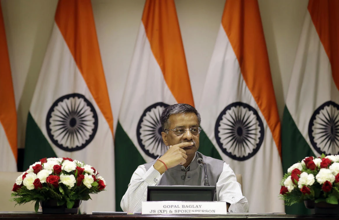 India's External Affairs spokesman Gopal Baglay listens to a question during a media briefing on the killing and mutilation of two Indian soldiers along the highly militarized de-facto border that divides the disputed region of Kashmir between India and Pakistan, in New Delhi, India, Wednesday, May 3, 2017. India's Foreign Secretary S. Jaishankar conveyed to Pakistan's High Commissioner Abdul Basit "outrage at the killing and the barbaric act of mutilation" of the soldiers, according to Baglay. (AP)