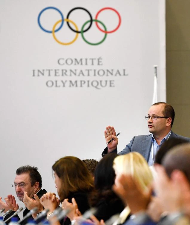 Patrick Baumann, right, president of the IOC Evaluation Commission for the 2024 Olympic Games attends the IOC Evaluation Commission session in Paris, on Sunday, as the International Olympic Committee visits Paris ahead of a the September vote for the 2024 Summer Olympics. (AFP)