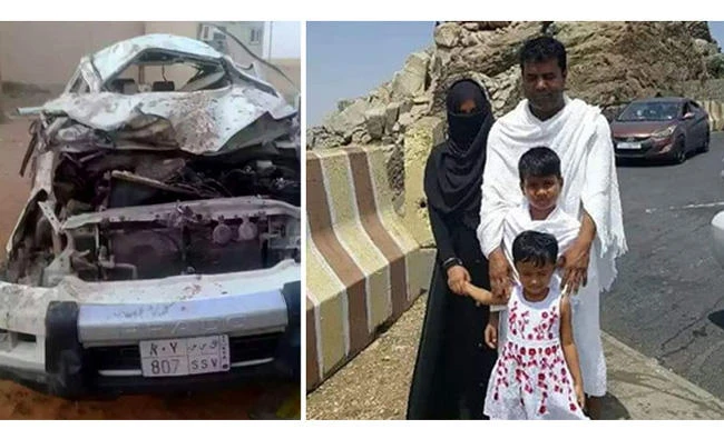 This combination image shows Abdul Aziz and his family before the tragedy and the wreck of their car after the accident.