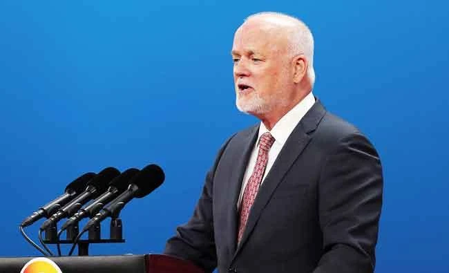 UN General Assembly President Peter Thomson delivers his speech during the Belt and Road Forum for International Cooperation in Beijing, China on Sunday. (REUTERS)